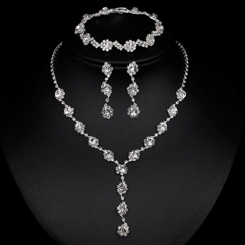 TREAZY Silver Color Rhinestone Crystal Bridal Jewelry Sets for Women Necklace Earrings Bracelet Set Wedding Jewelry Accessories