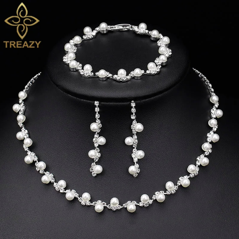 TREAZY Silver Color Rhinestone Crystal Bridal Jewelry Sets for Women Necklace Earrings Bracelet Set Wedding Jewelry Accessories