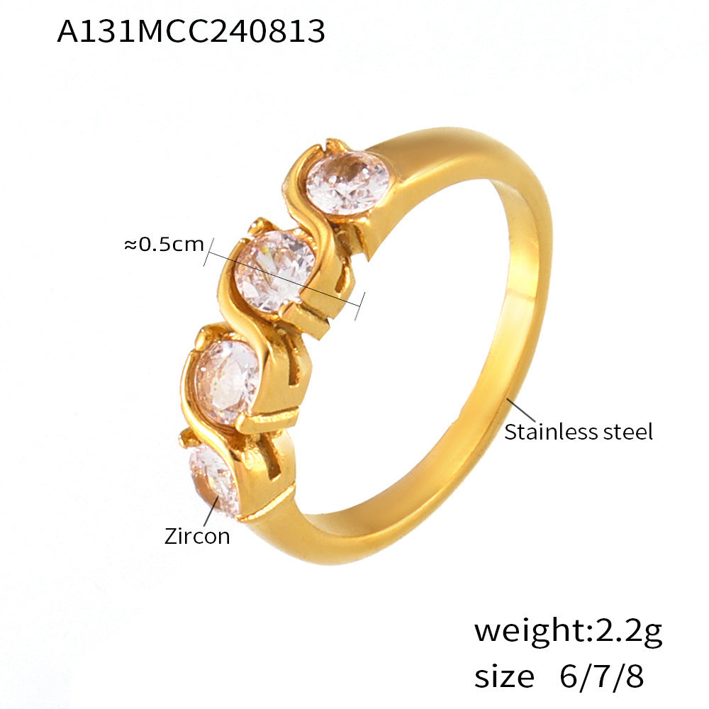 INS Europe and the United States niche inlaid single row zircon ring plating 18k real gold color cold palace wind stainless steel jewelry women