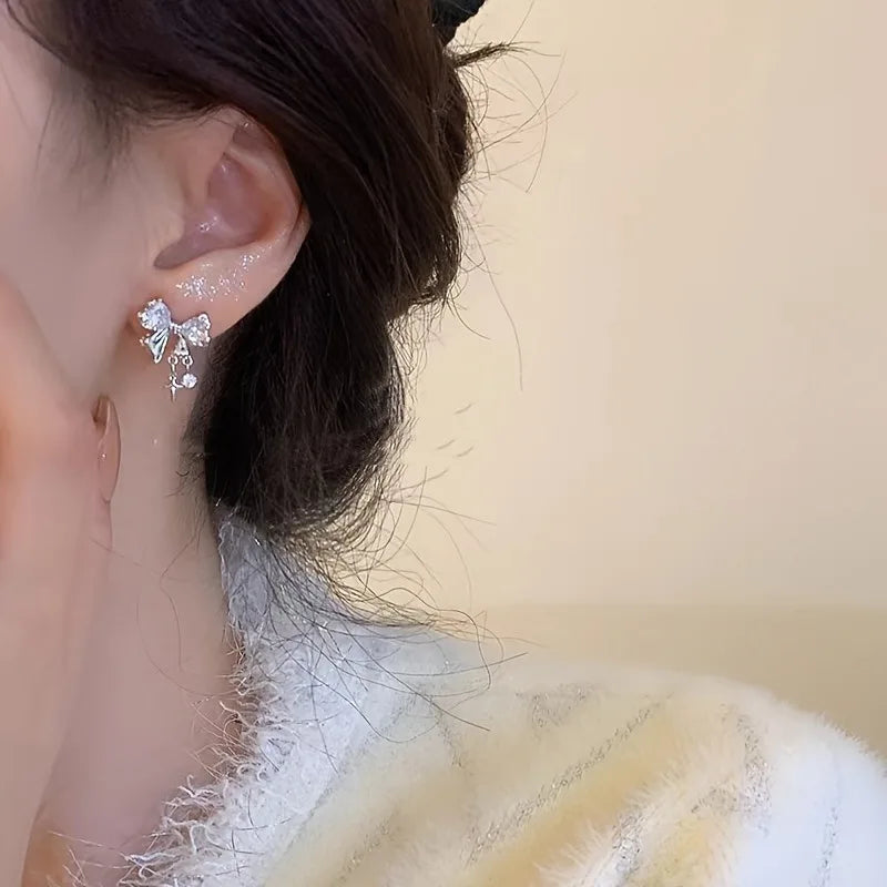 1 Pair Elegant Bow Earrings Luxurious Zirconium Alloy Daily Wear Exquisite Earrings Women Simple Fashionable Jewelry Earrings