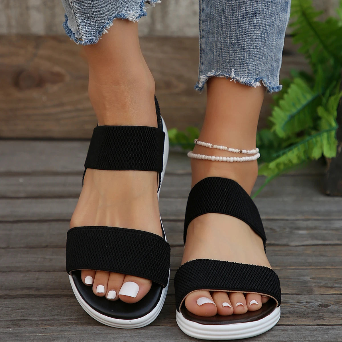 Women's Knit Elastic Cloth Wedge Sandals Slip on Lightweight Walking Sandals Ladies Plus Size Comfortable Summer Shoes for Women