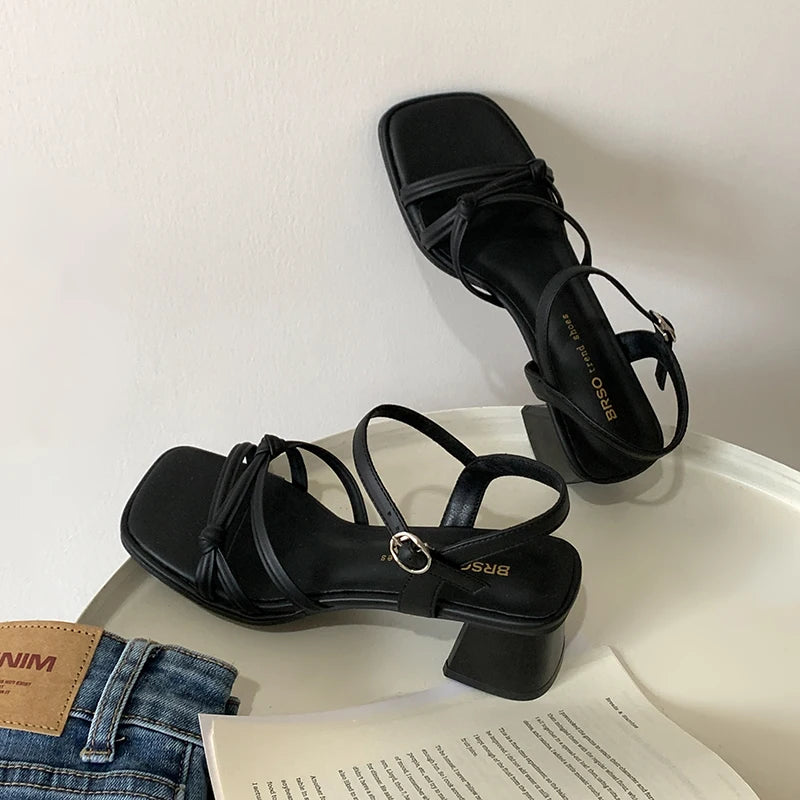 Women's Sandals Summer New Square Heel High Shoes Fashion Roman Sandals Black and White Open Toed Woman Slippers Ladies Shoes