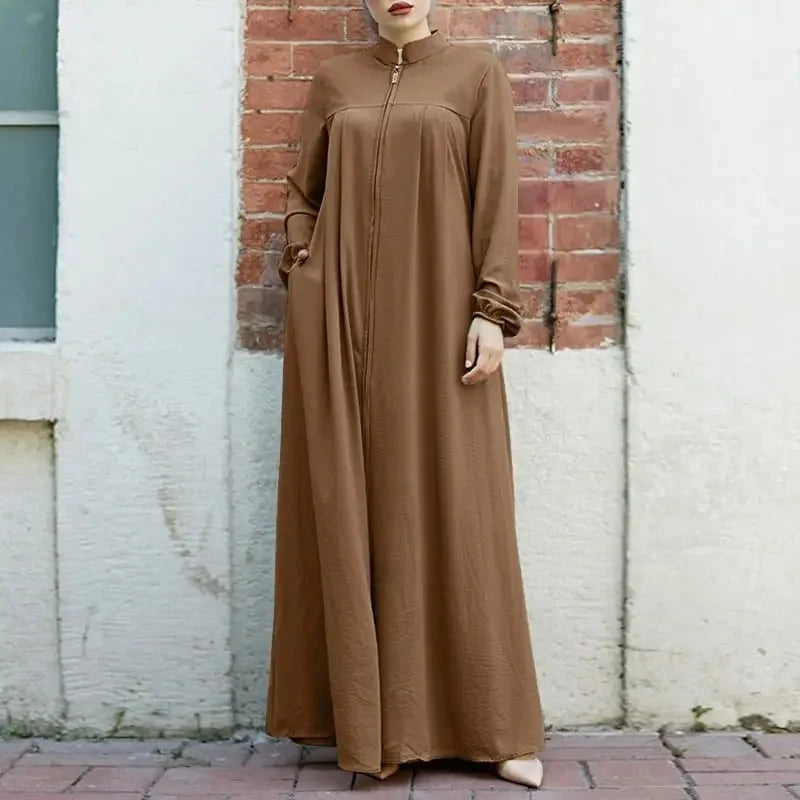 New Muslim Women's Clothing Arabic Style Stand Collar Zipper Up Bagged Elegant Loose Fit Casual Dress H702#