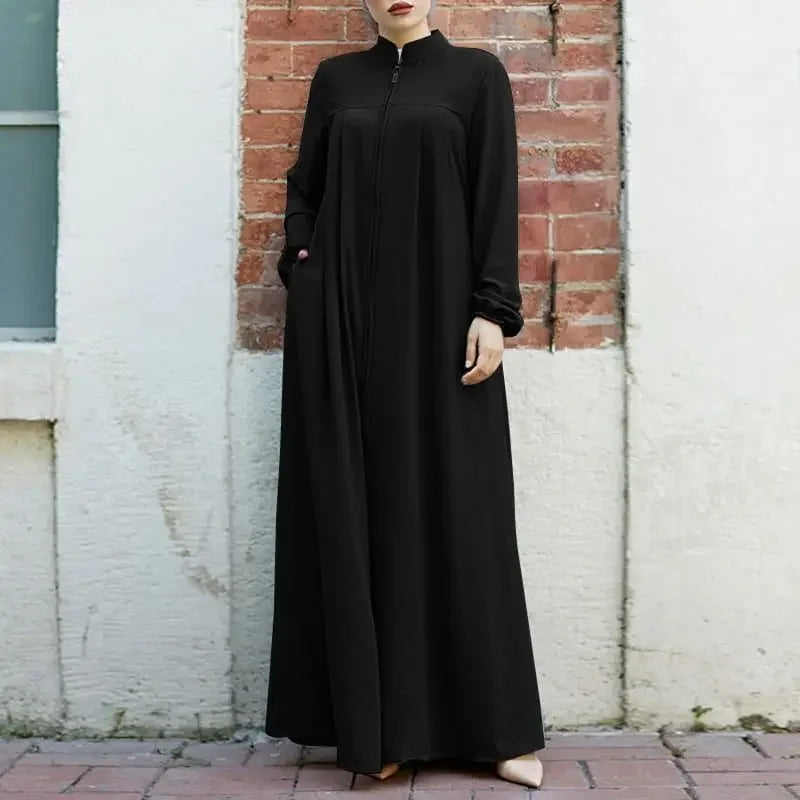New Muslim Women's Clothing Arabic Style Stand Collar Zipper Up Bagged Elegant Loose Fit Casual Dress H702#