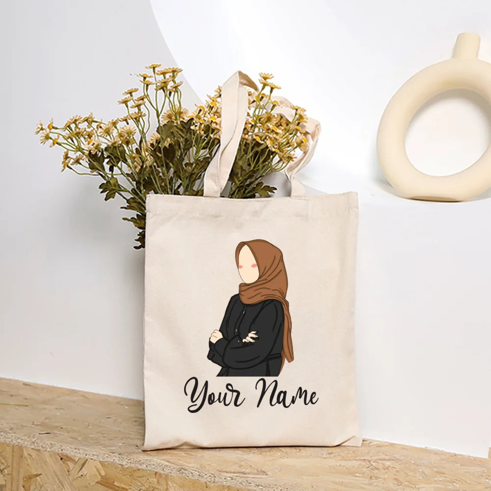 Personalized Hijabi Girls with Name Shoulder Bag Female Travel Canvas Bags Muslim Girls Handbag Harajuku Tote Eid Gift for Her
