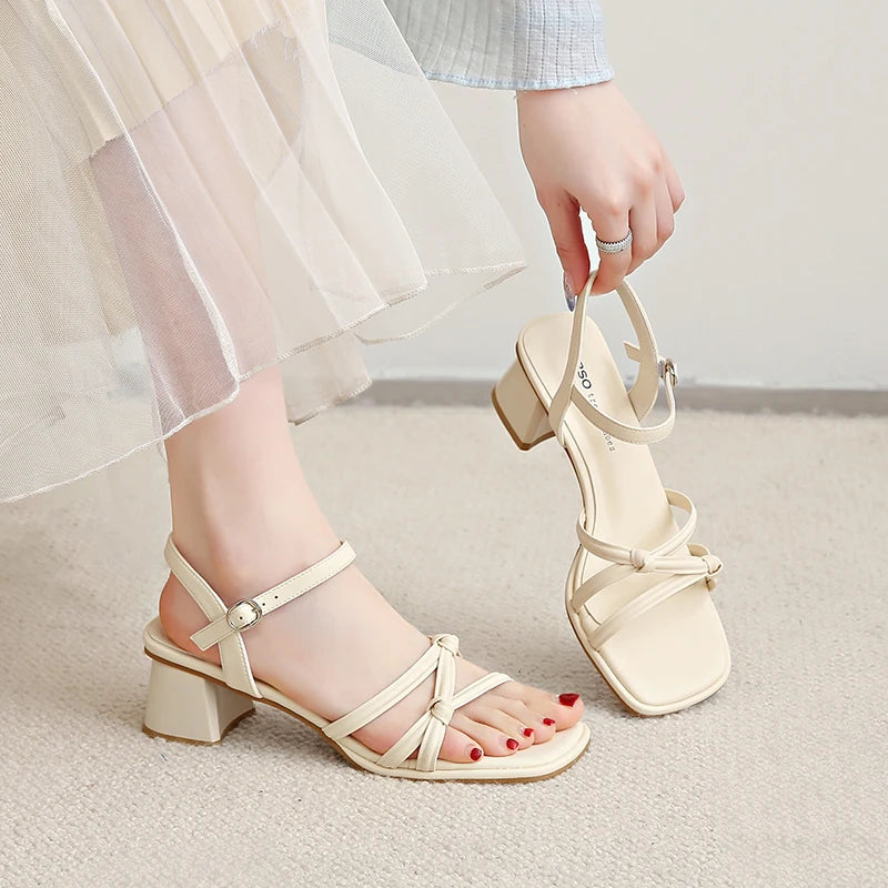 Women's Sandals Summer New Square Heel High Shoes Fashion Roman Sandals Black and White Open Toed Woman Slippers Ladies Shoes
