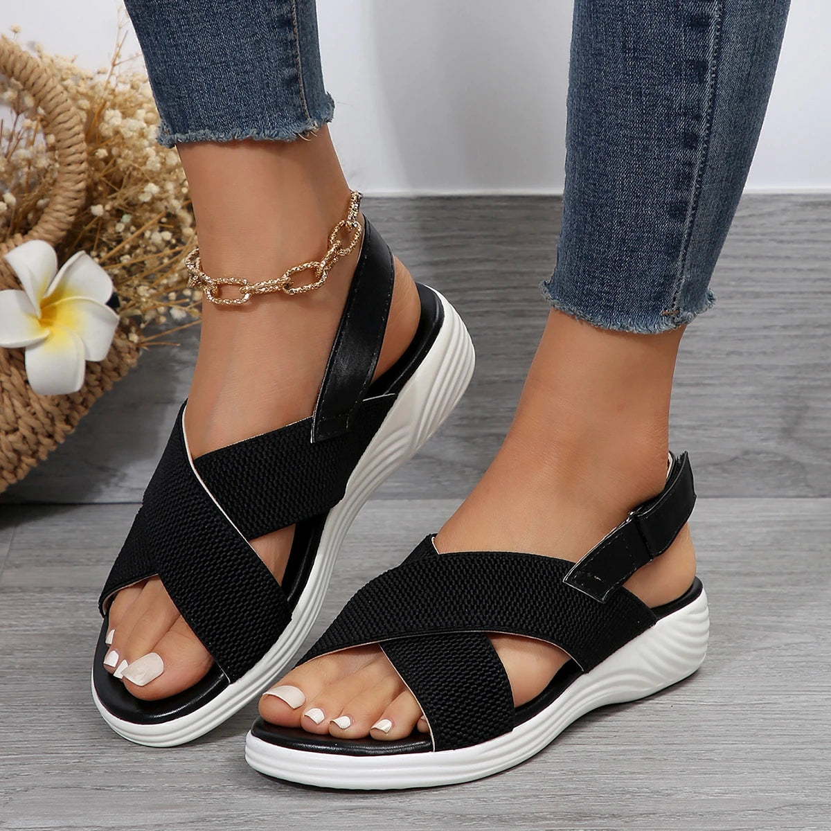 Women's Knit Elastic Cloth Wedge Sandals Slip on Lightweight Walking Sandals Ladies Plus Size Comfortable Summer Shoes for Women