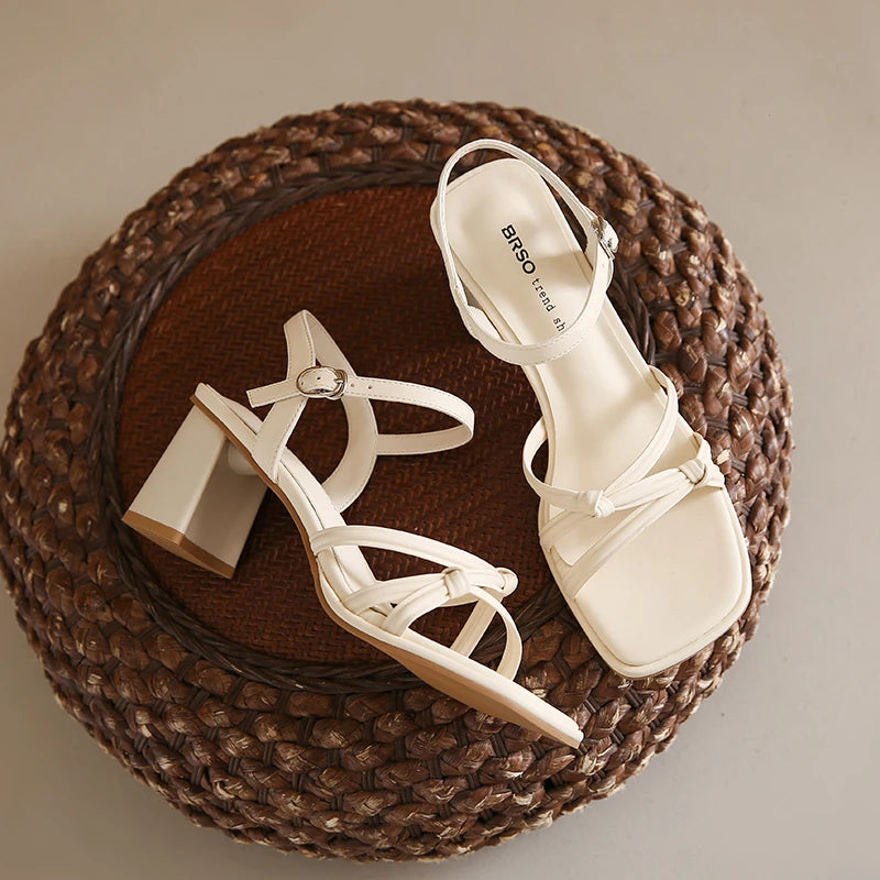 Summer Women Narrow Band Sandals Fashion Thick Heel Shoes Ladies Casual Dress Street Style Sandalis