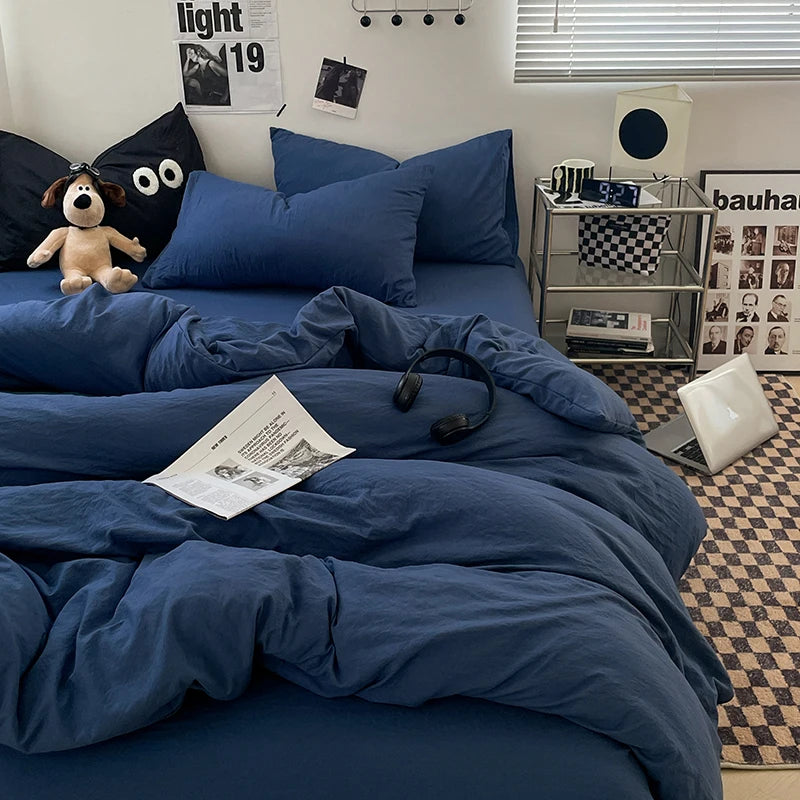 1pc Blue Duvet Cover 150x200 Washed Cotton Quilt Cover Queen Size Bed Linen for Girls Boys Room (Pillowcase Need Order)