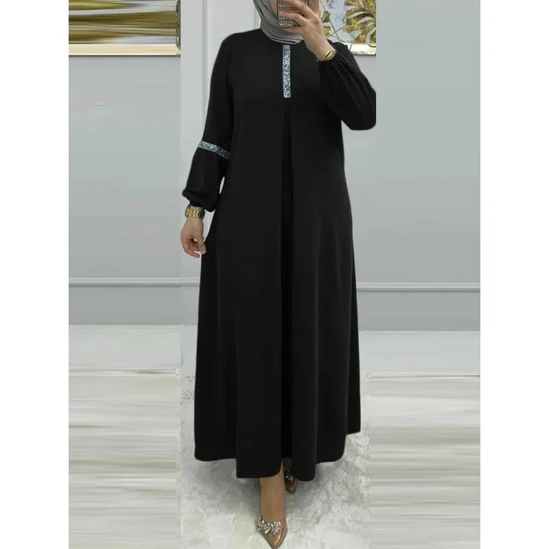 Muslim Women's Long Sleeve Sequin Dress Fashionable Bubble Sleeve Maxi Gown Elegant Pure Color Robe for Women Adults Girls