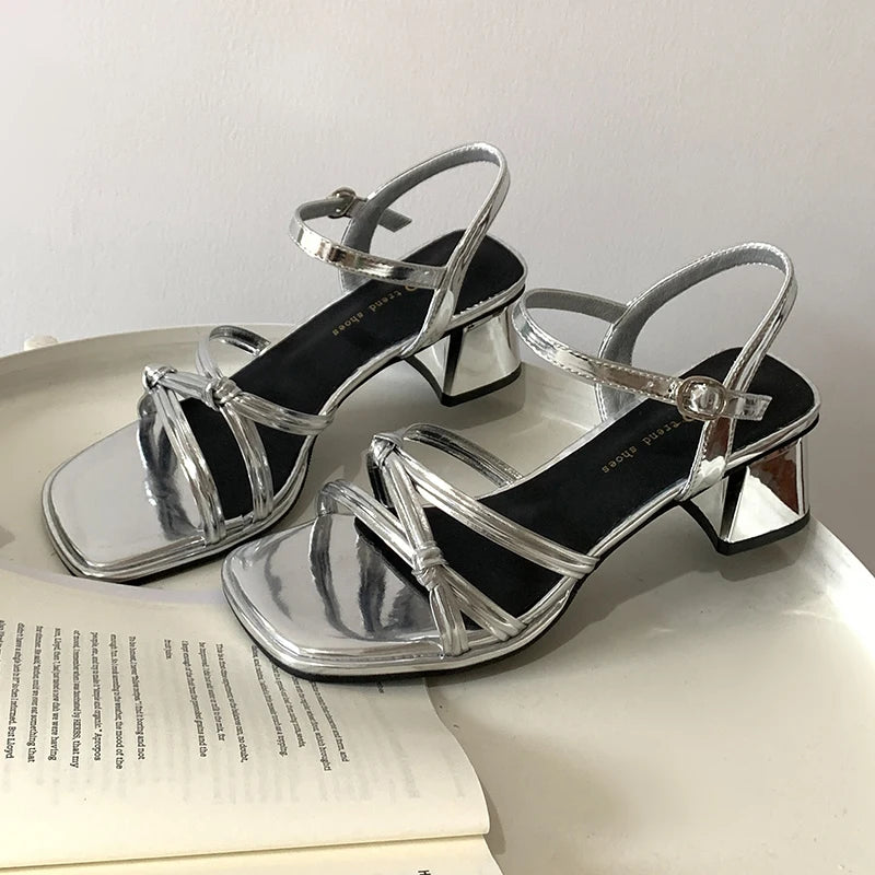 Women's Sandals Summer New Square Heel High Shoes Fashion Roman Sandals Black and White Open Toed Woman Slippers Ladies Shoes