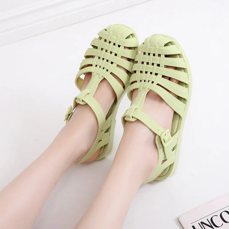 PVC Sandals Women Summer Shoes Roman Sandals Ladies Casual Flat Sole Hollow Candy Color Sandal Beach Shoes