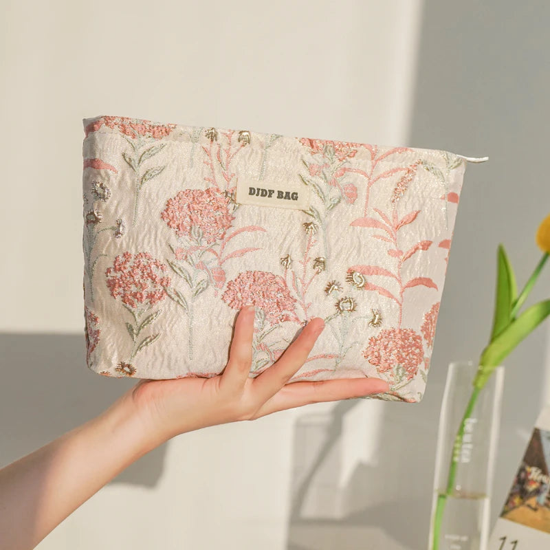 Women's Makeup Bag, Blue Bouquet, Large Capacity Sanitary Napkin, Touch-up, Makeup Supplies, Canvas Storage Bag, Toiletry Bag