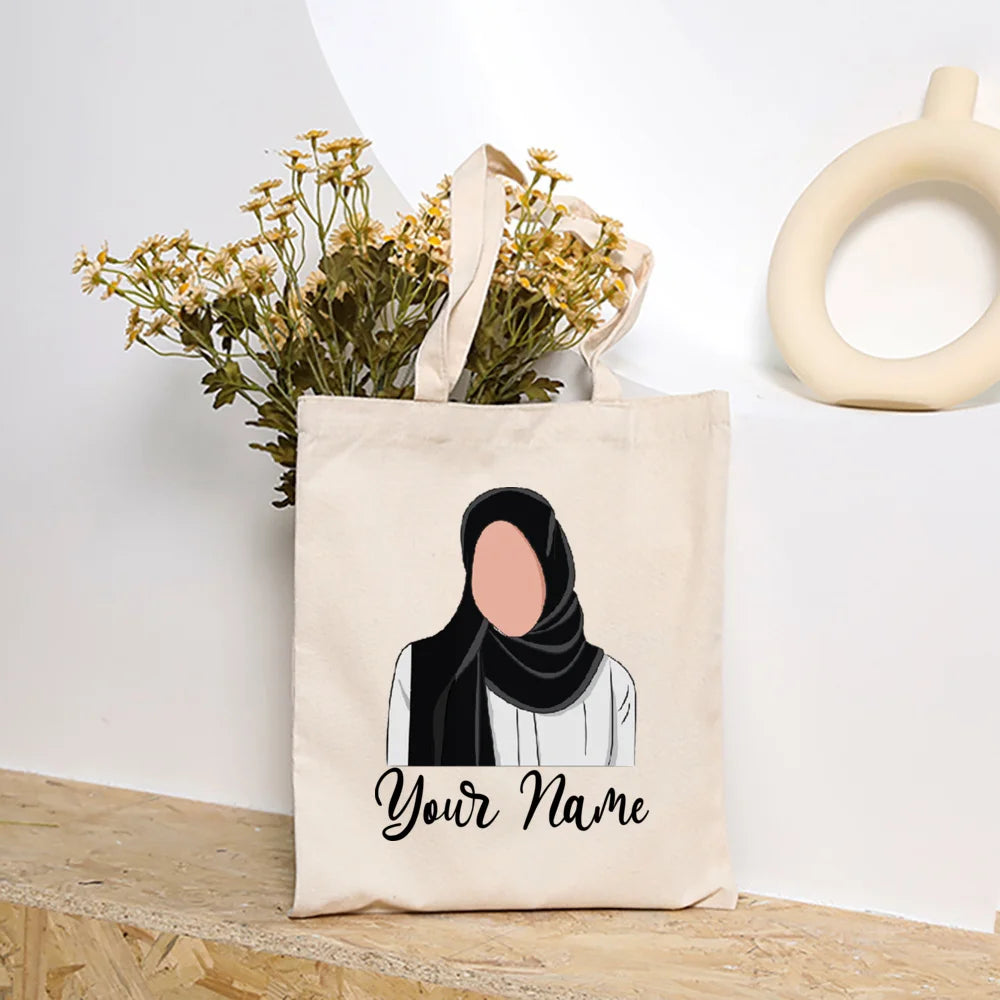 Personalized Hijabi Girls with Name Shoulder Bag Female Travel Canvas Bags Muslim Girls Handbag Harajuku Tote Eid Gift for Her