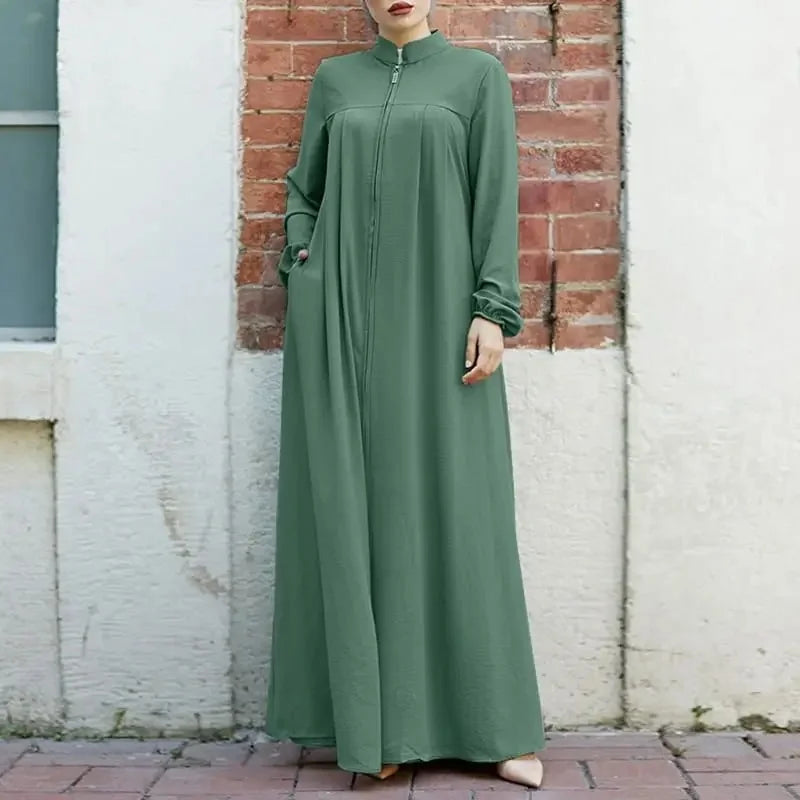 New Muslim Women's Clothing Arabic Style Stand Collar Zipper Up Bagged Elegant Loose Fit Casual Dress H702#