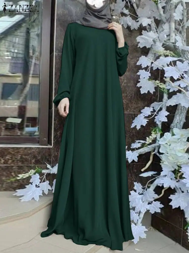 ZANZEA Muslim Women Summer Abaya Sundress Solid Islamic Clothing Marocain Vestido Robe Femme Fashion Long Sleeve Kaftan Dress