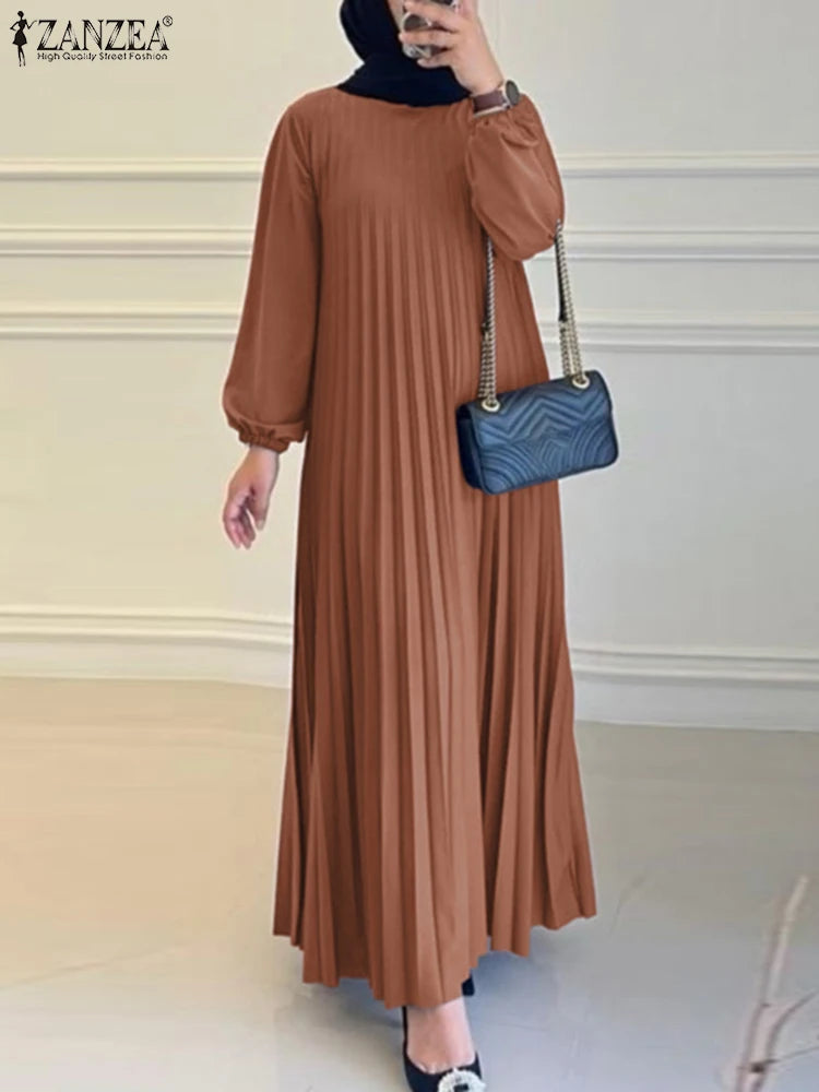 ZANZEA Islamic Hijab Women Abaya Robe Elegant Muslim Fashion O Neck Solid Pleated Dress Spring 2025 Casual Loose A-line Vestidos