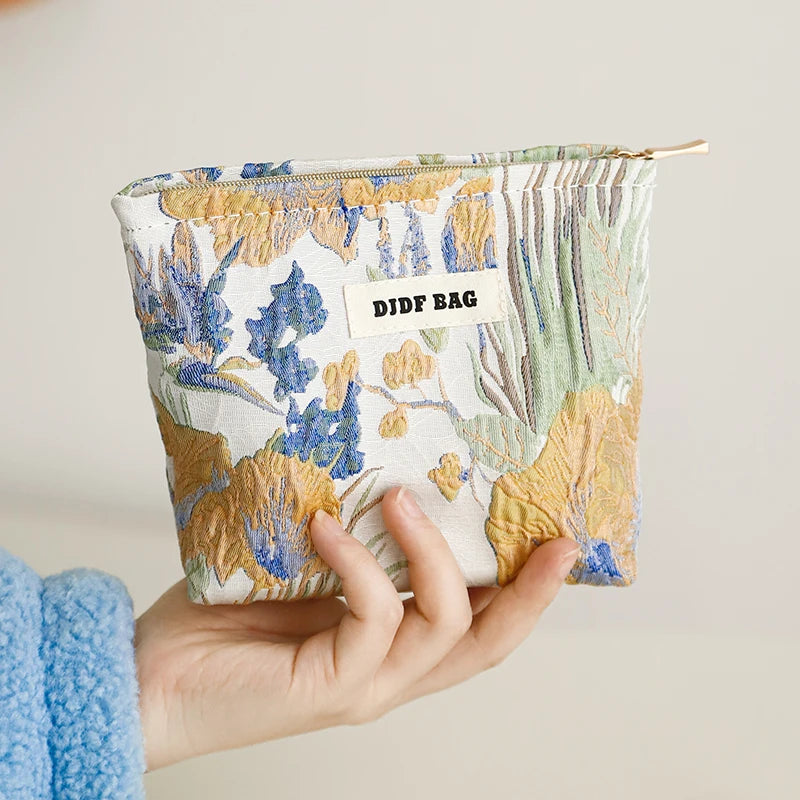Women's Makeup Bag, Blue Bouquet, Large Capacity Sanitary Napkin, Touch-up, Makeup Supplies, Canvas Storage Bag, Toiletry Bag