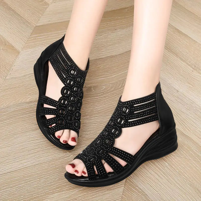 Sandal Woman Wedge Orthopedic Sandals for Women Black Shoe Elegant Brands Platform Roman Medium Heel Summer New 2025 Heels Shoes