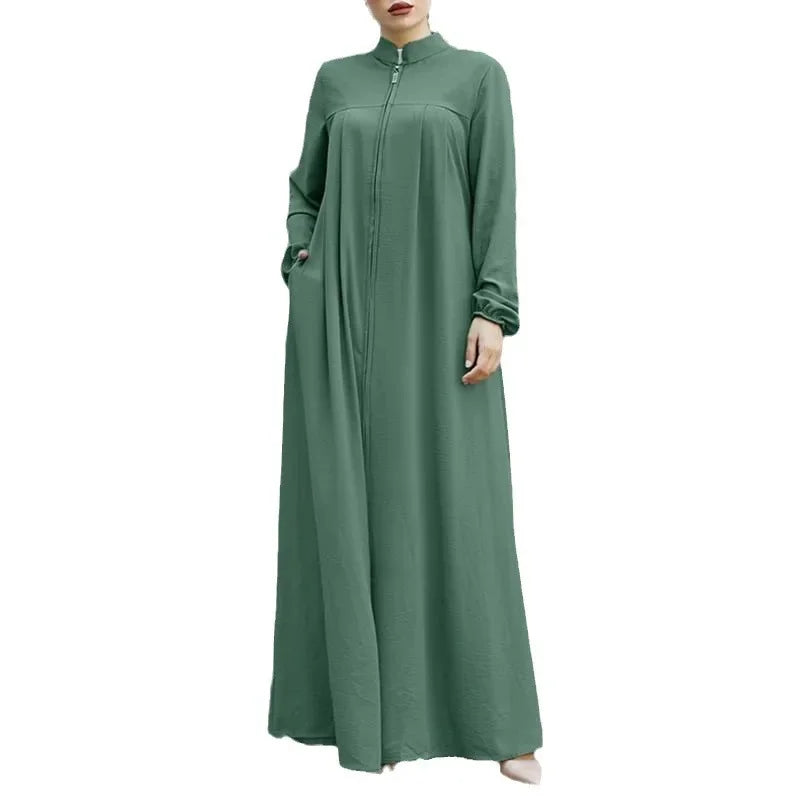 New Muslim Women's Clothing Arabic Style Stand Collar Zipper Up Bagged Elegant Loose Fit Casual Dress H702#