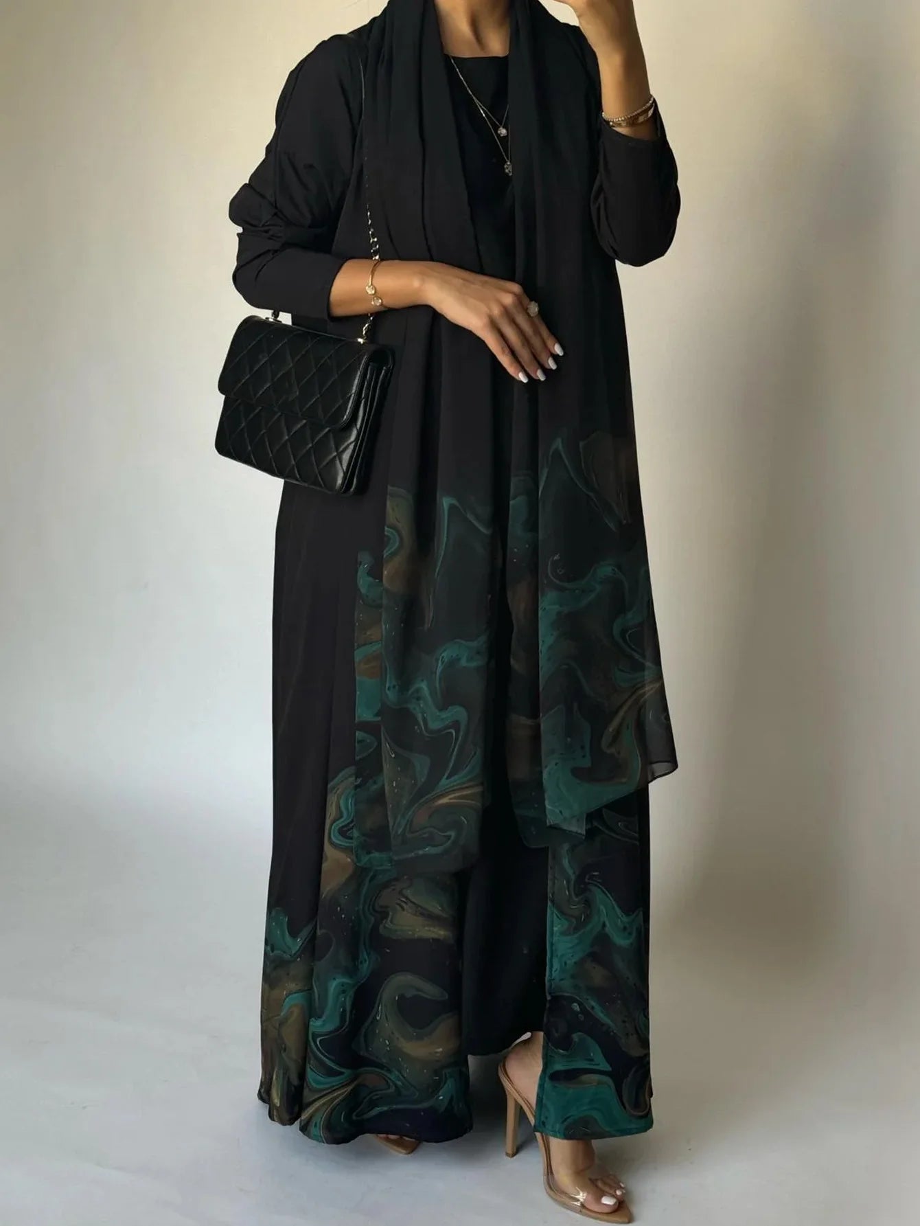 Middle Eastern Loose Open Front Abaya Muslim Full Sleeve Printed Abayas Turkey Kaftans Women Jilbabs Islamic Maxi Dresses
