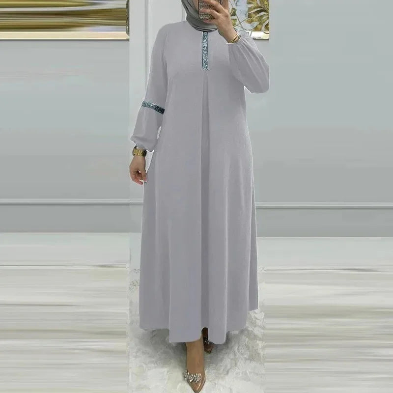 Muslim Women's Long Sleeve Sequin Dress Fashionable Bubble Sleeve Maxi Gown Elegant Pure Color Robe for Women Adults Girls