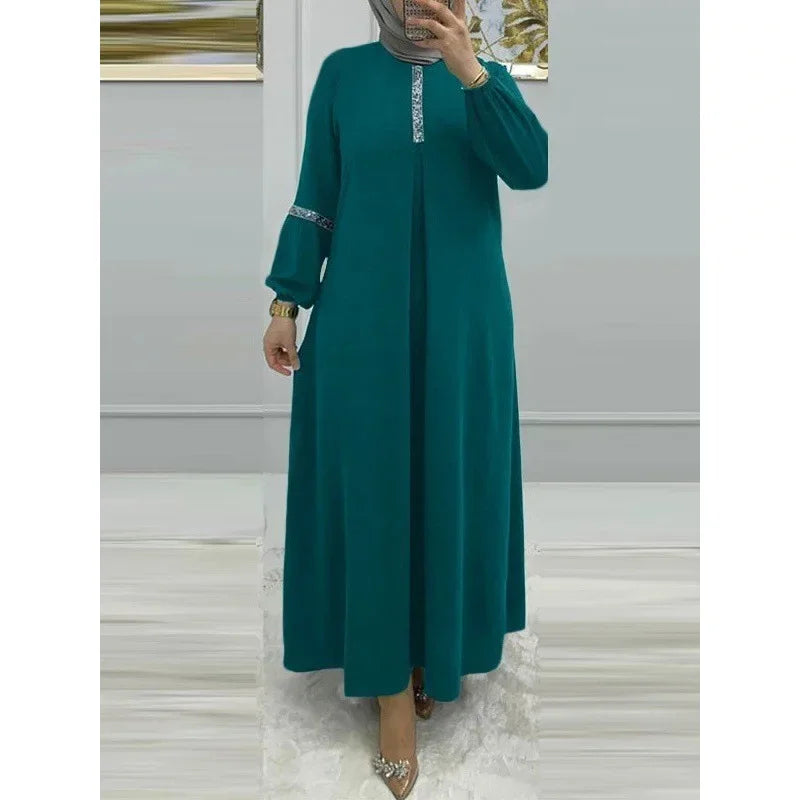 Muslim Women's Long Sleeve Sequin Dress Fashionable Bubble Sleeve Maxi Gown Elegant Pure Color Robe for Women Adults Girls