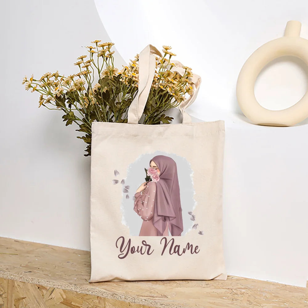 Personalized Hijabi Girls with Name Shoulder Bag Female Travel Canvas Bags Muslim Girls Handbag Harajuku Tote Eid Gift for Her
