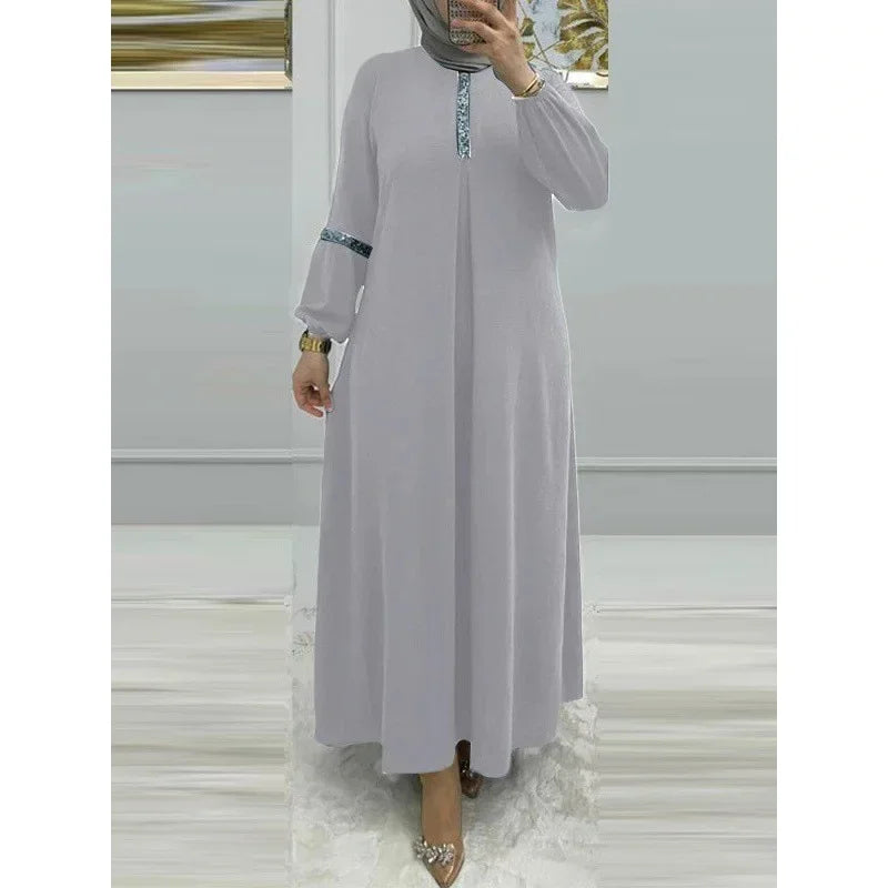 Muslim Women's Long Sleeve Sequin Dress Fashionable Bubble Sleeve Maxi Gown Elegant Pure Color Robe for Women Adults Girls
