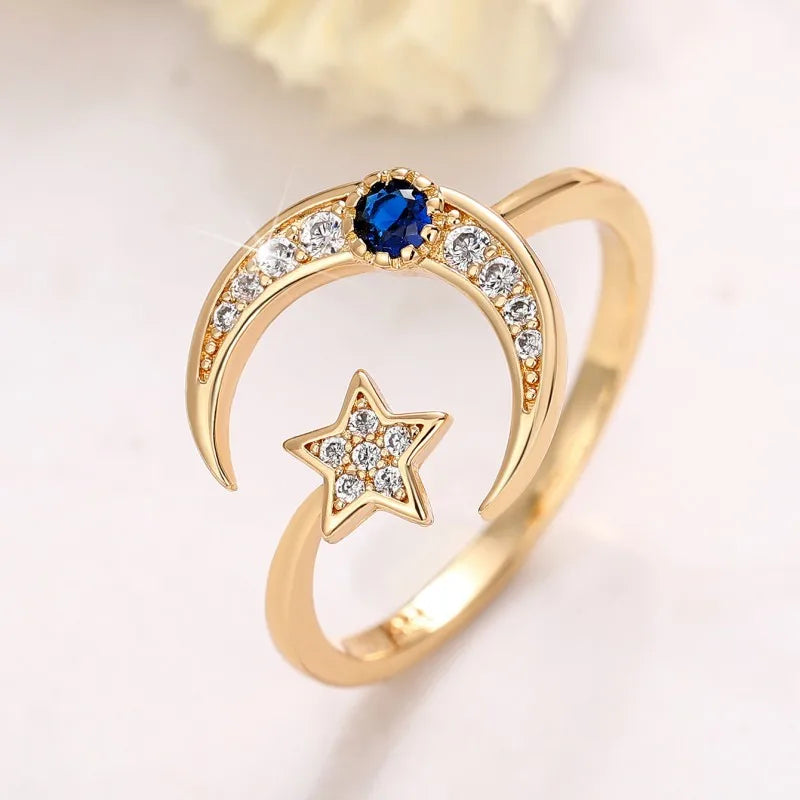 Huitan Moon and Star Designed Women Finger Rings Opening Adjustable Exquisite Girls Index Rings Daily Wearable Statement Jewelry