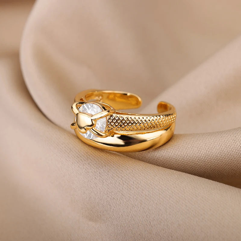 Heart Rings for Women Grils Gold Plated Adjustable Stainless Steel Ring 2025 Trend Luxury Wedding Couple Jewelry anillos mujer