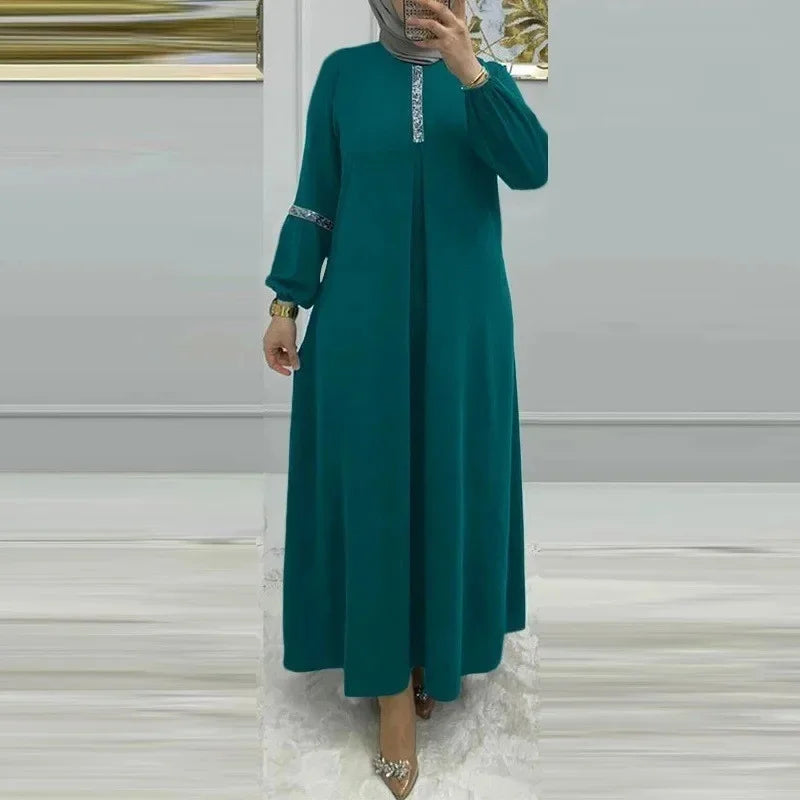 Muslim Women's Long Sleeve Sequin Dress Fashionable Bubble Sleeve Maxi Gown Elegant Pure Color Robe for Women Adults Girls