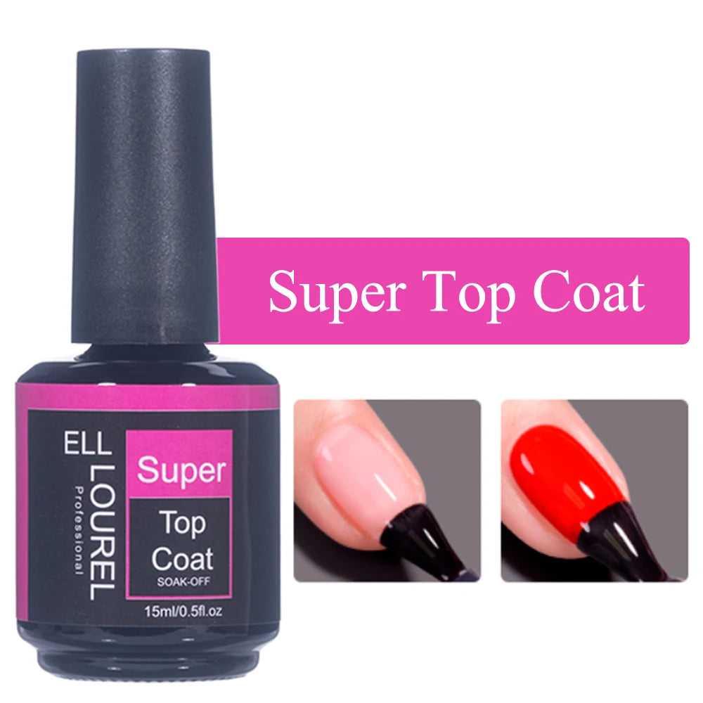 ELL LOUREL Upgrade Base Coat Top Coat No Wipe UV Gel Polish 15ML Semi Permanent Glitter Tempered Top Function Gel Nail Polish
