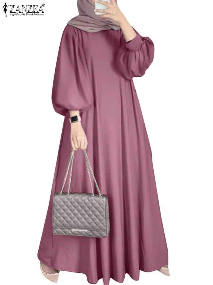 ZANZEA Islamic Hijab Dresses Elegant Long Lantern Sleeve Muslim Abaya Dress Maxi Robe Women Sundress Casual Solid Loose Vestidos