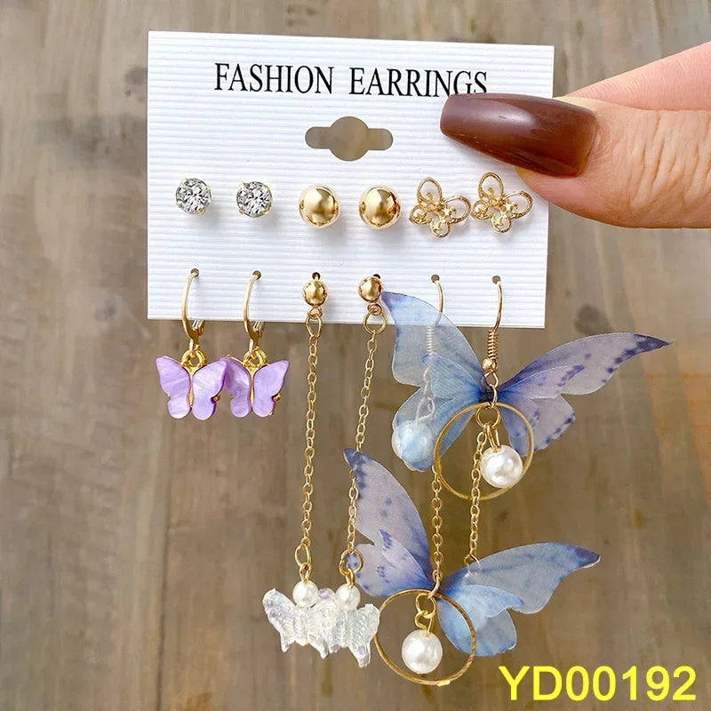 Green Butterfly Heart Dangle Earring Set for Girls Acrylic Gold Color Pearl Set Ear Rings 2023 New Fashion Jewelry Gifts