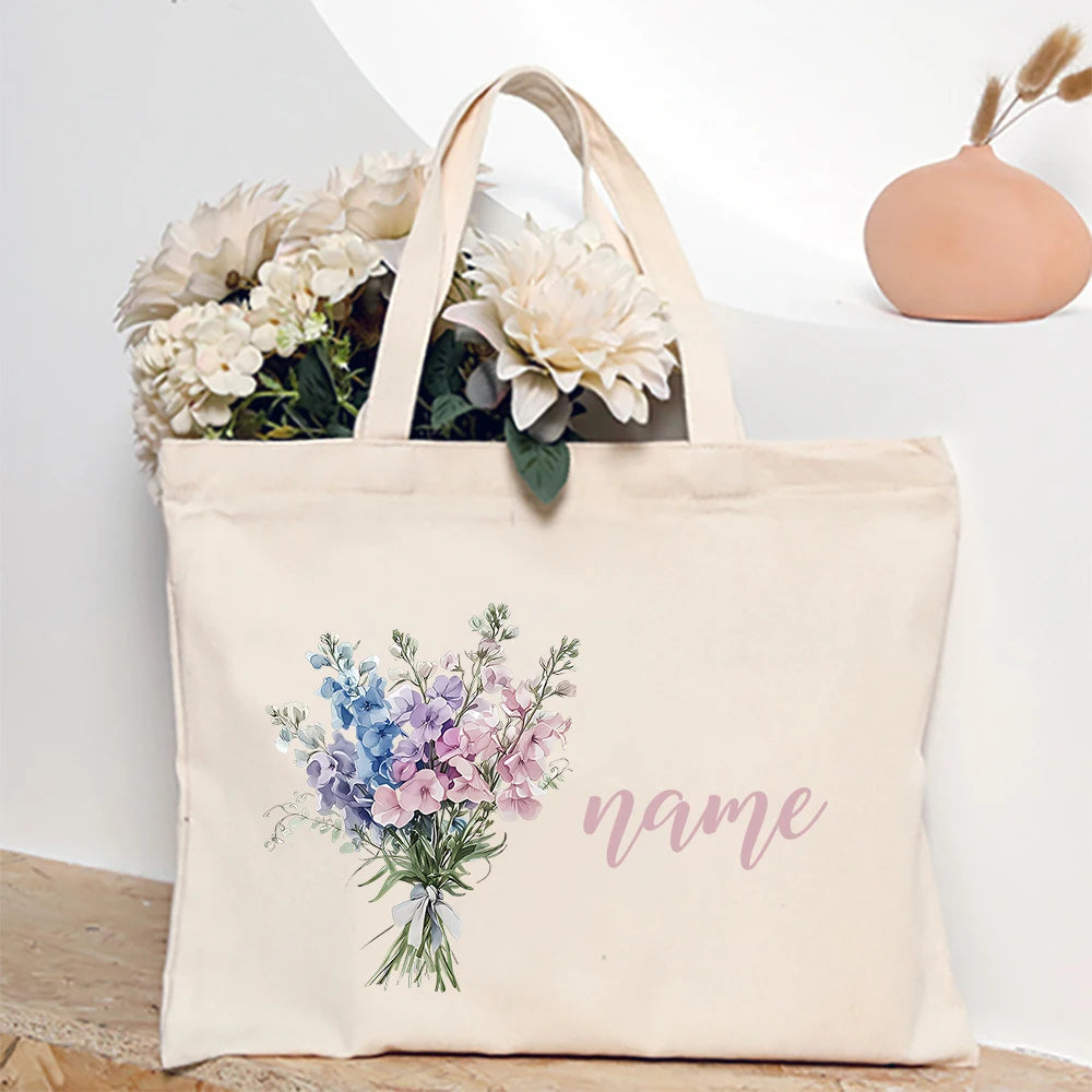 Personalized Shoulder Bag Birth Month Flower with Name Tote Bag Monogram Canvas Bags Wendding Birthday Holiday Best Gift for Her