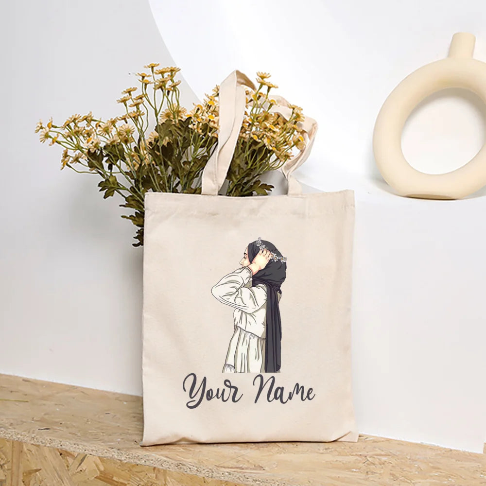 Personalized Hijabi Girls with Name Shoulder Bag Female Travel Canvas Bags Muslim Girls Handbag Harajuku Tote Eid Gift for Her