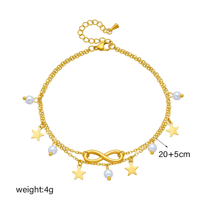 DIEYURO 316L Stainless Steel Star Pearl Number 8 Charm Anklet For Women Girl New Trend Multilayer Chains Anti-Rust Jewelry Gift