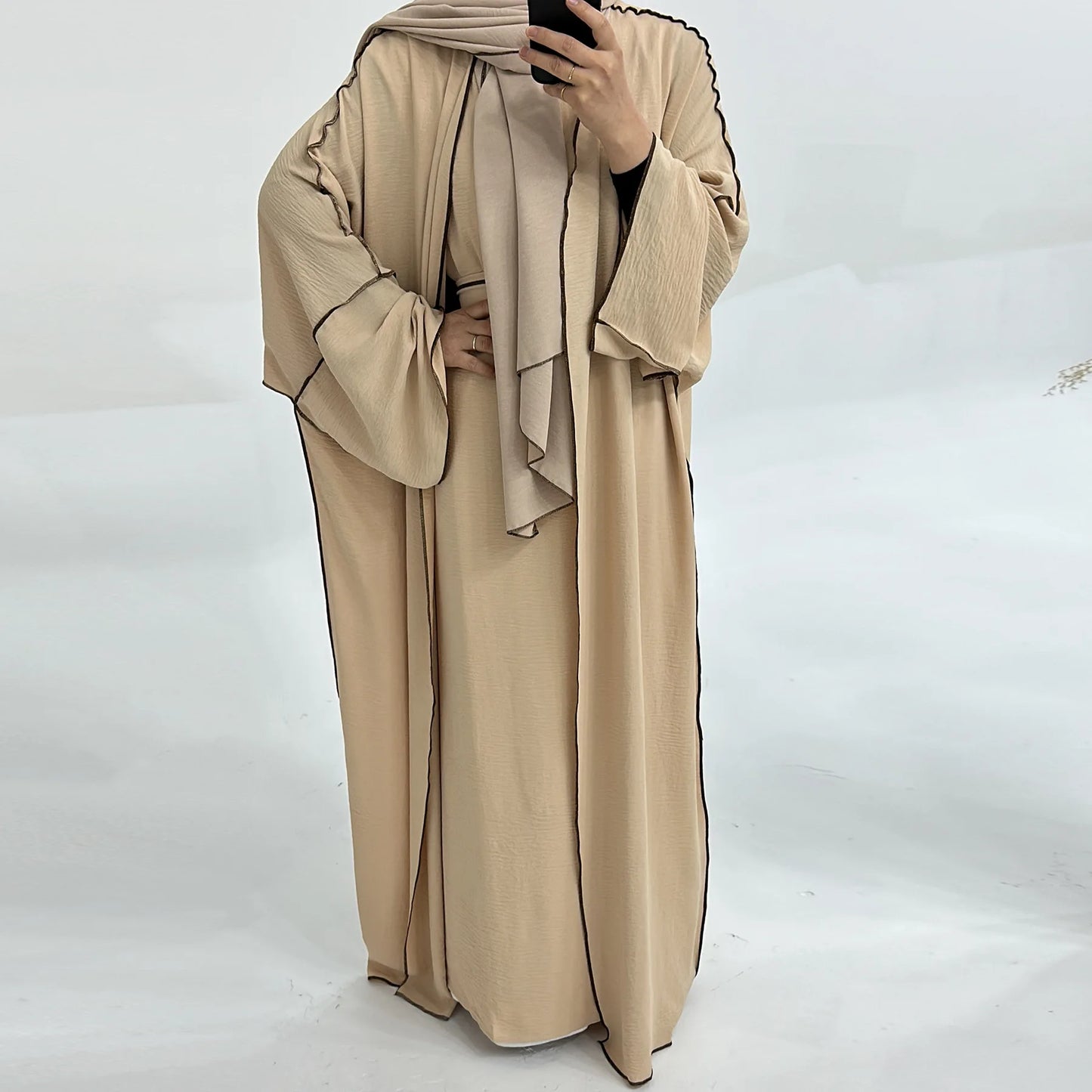 3pcs Muslim Women Kimono Cardigan With Inner Dress Hijab Matching Set Dubai Turkey Kaftan Abayas Eid Ramadan Jalabiya Robe Gown