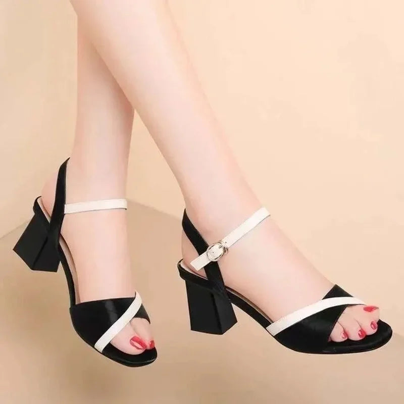 Sandals for Women Block Heel Footwear with Medium Heels Leather One Word Summer 2025 Ladies Shoes Comfortable and Elegant F H Or