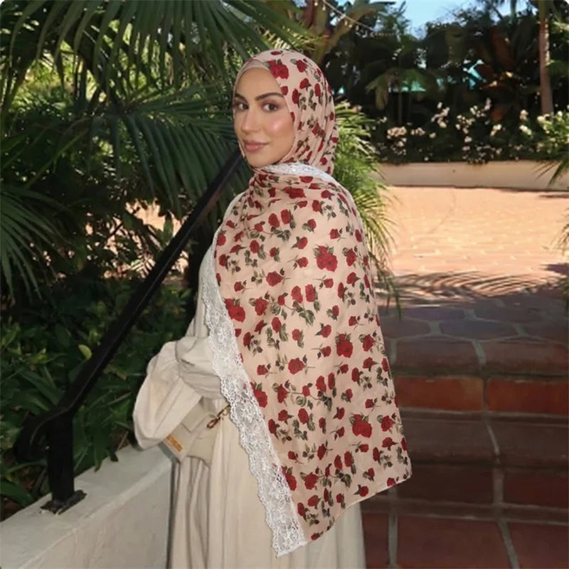 Floral Print Chiffon Muslim Hijab Scarf with Lace Edge