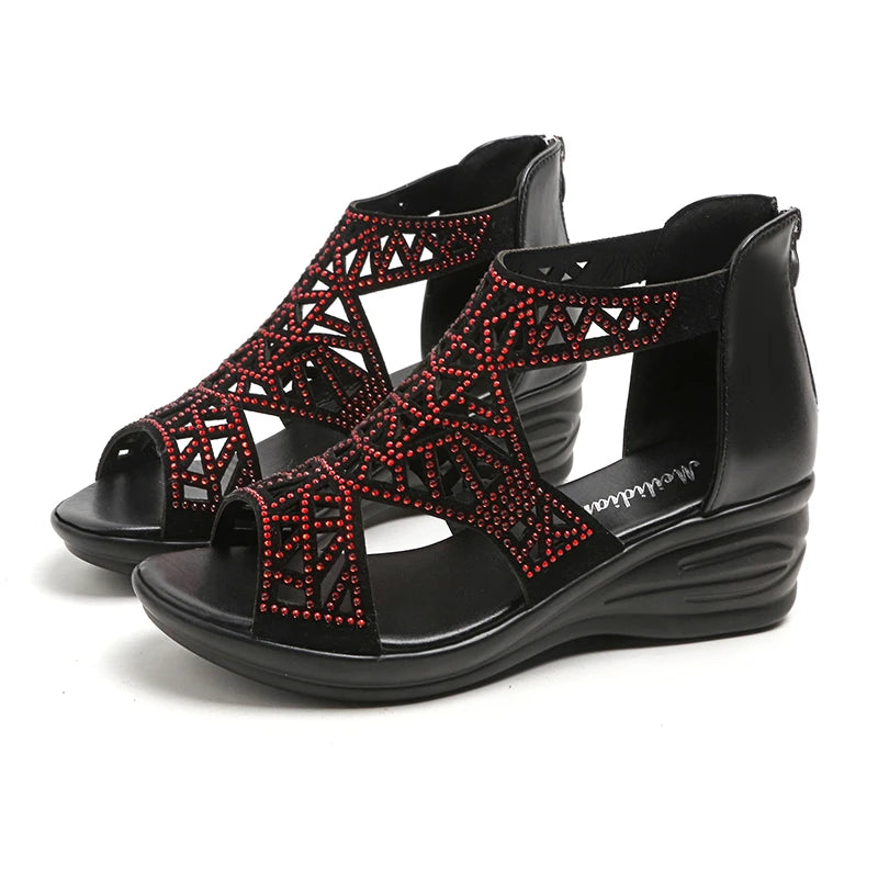 Med Shoes Beige Heeled Sandals Clogs Wedge 2025 Summer Open Toe Medium Black Rhinestone Fashion Platform Low Girls Comfort New