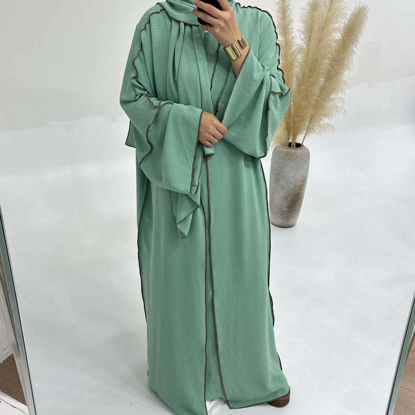 3pcs Muslim Women Kimono Cardigan With Inner Dress Hijab Matching Set Dubai Turkey Kaftan Abayas Eid Ramadan Jalabiya Robe Gown