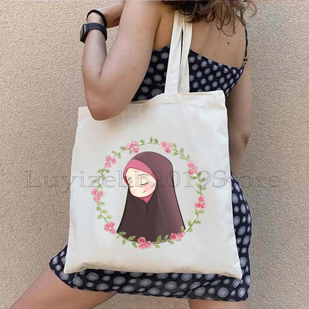 Watercolor Floral Muslim Hijab Women Muslim islamic islam Arabian Shopper Canvas Tote Bag Harajuku Reusable Shoulder Handbag