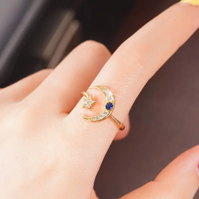 Huitan Moon and Star Designed Women Finger Rings Opening Adjustable Exquisite Girls Index Rings Daily Wearable Statement Jewelry