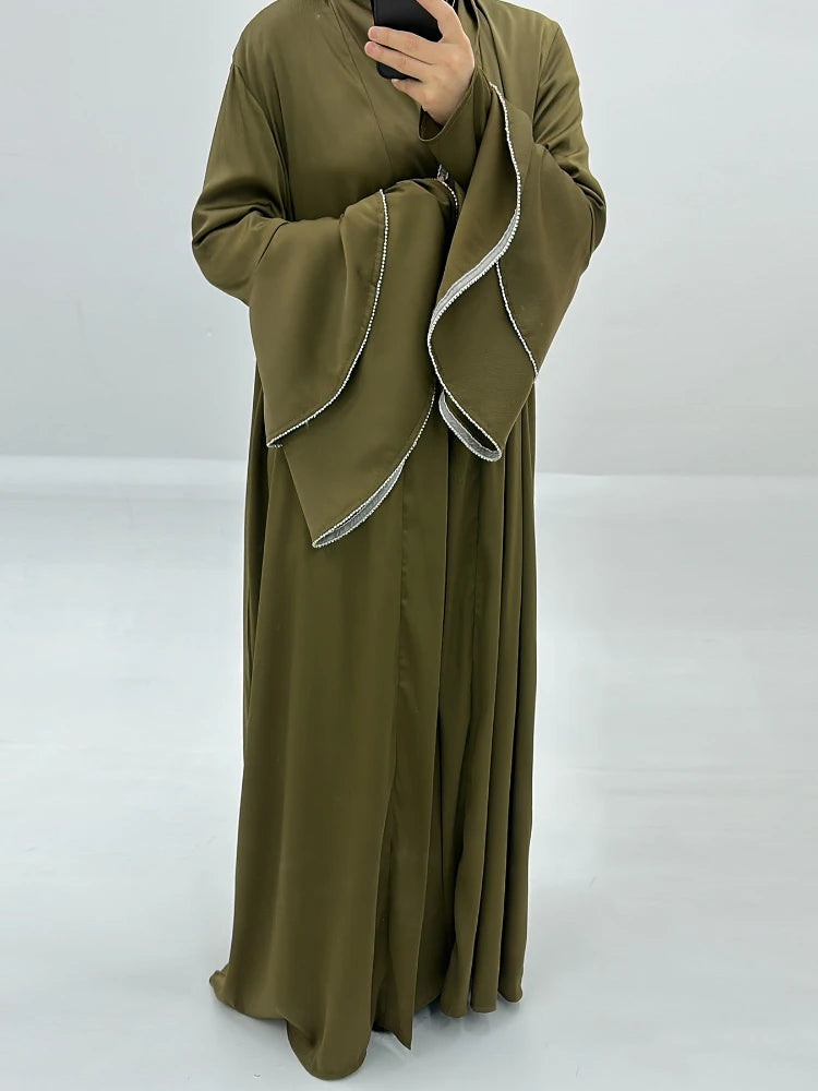 Arab Dubai Muslim Abaya for Women Eid Dress 3 Piece Set Diamond Morocco Ramadan Lace-up Kaftan Islam Prayer Cardigan Long Robe