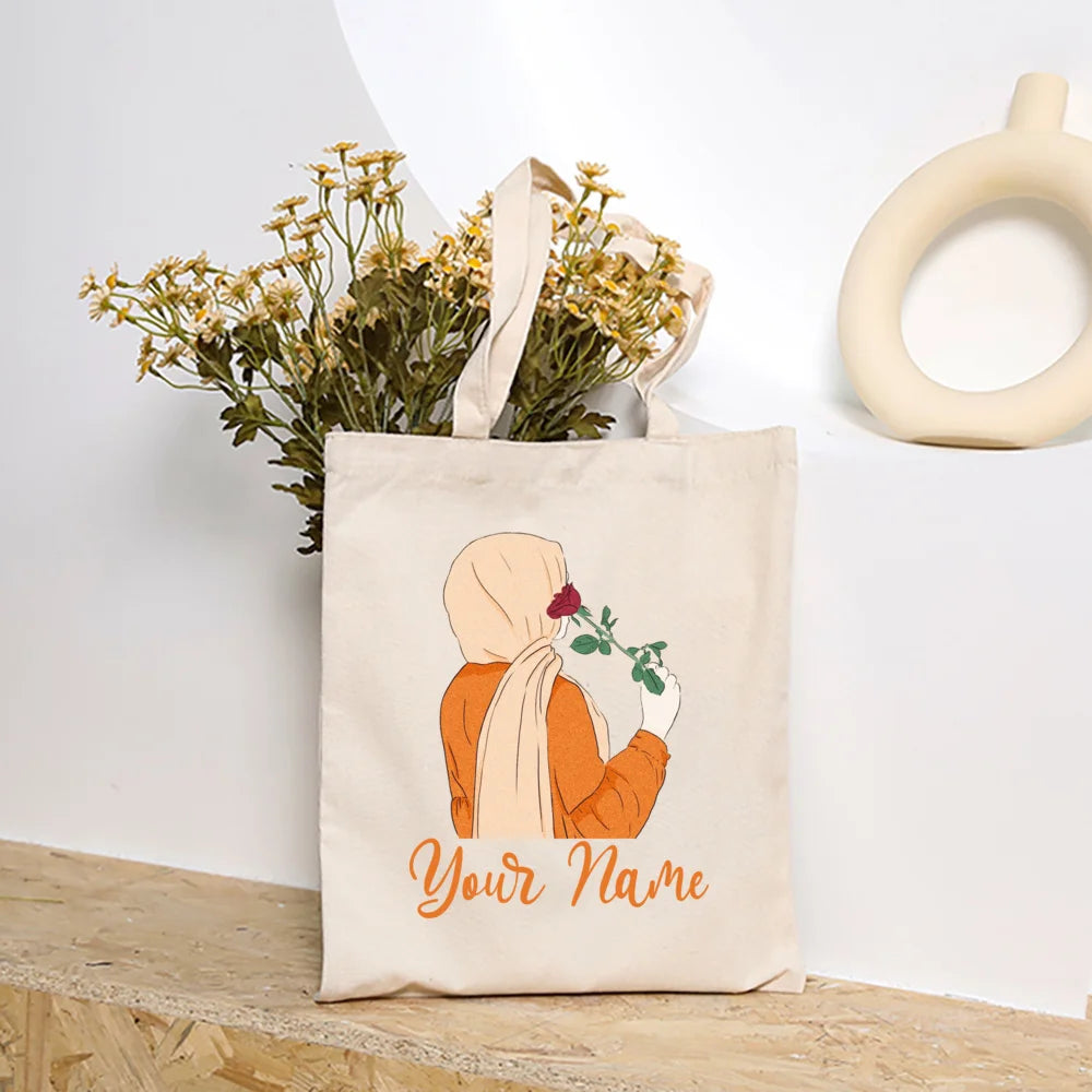 Personalized Hijabi Girls with Name Shoulder Bag Female Travel Canvas Bags Muslim Girls Handbag Harajuku Tote Eid Gift for Her