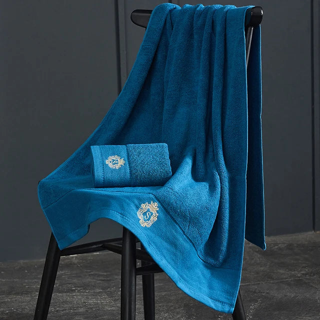 Bath Towels Cotton 140x70cm, Large Bathroom Thick Shower Towel Cover, Embroidered Gift Sport Blue White Brown Black Green Grey