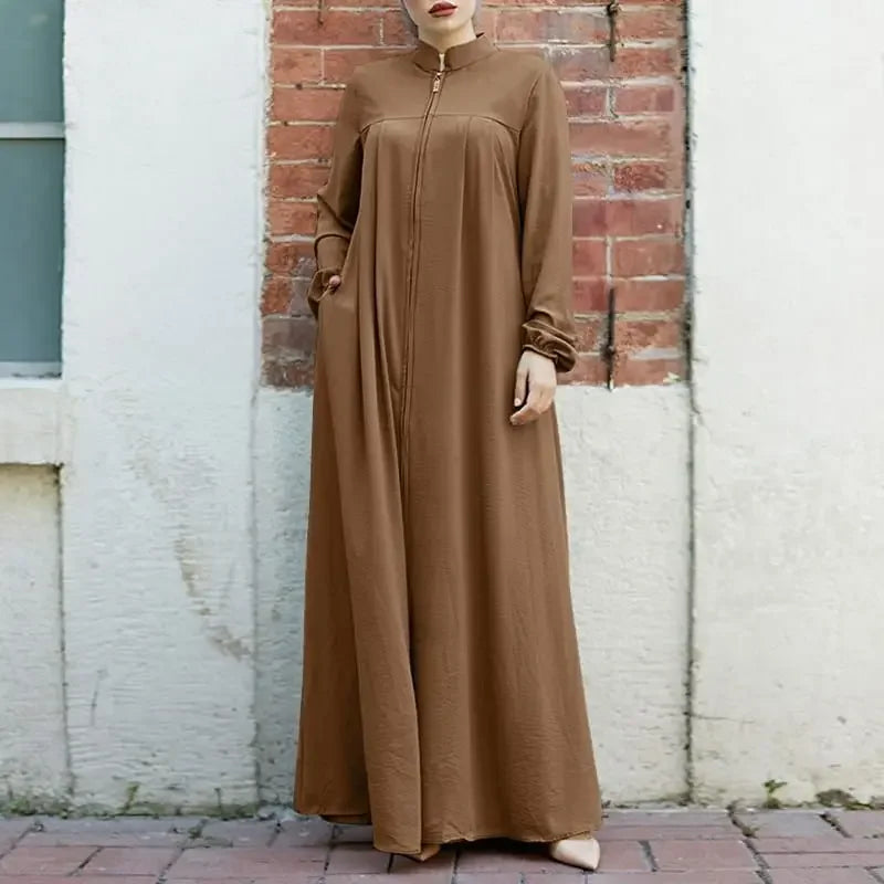 New Muslim Women's Clothing Arabic Style Stand Collar Zipper Up Bagged Elegant Loose Fit Casual Dress H702#