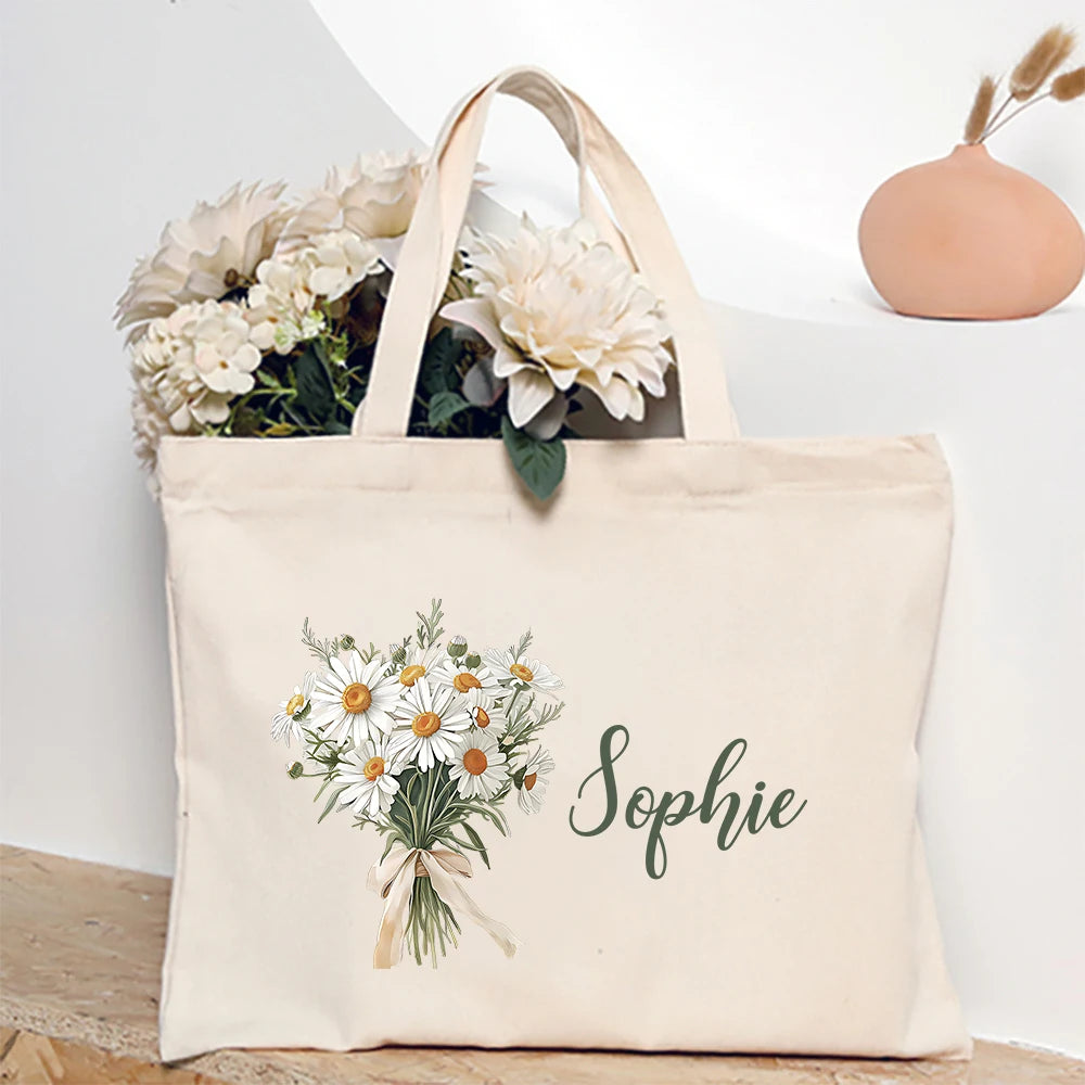 Personalized Shoulder Bag Birth Month Flower with Name Tote Bag Monogram Canvas Bags Wendding Birthday Holiday Best Gift for Her